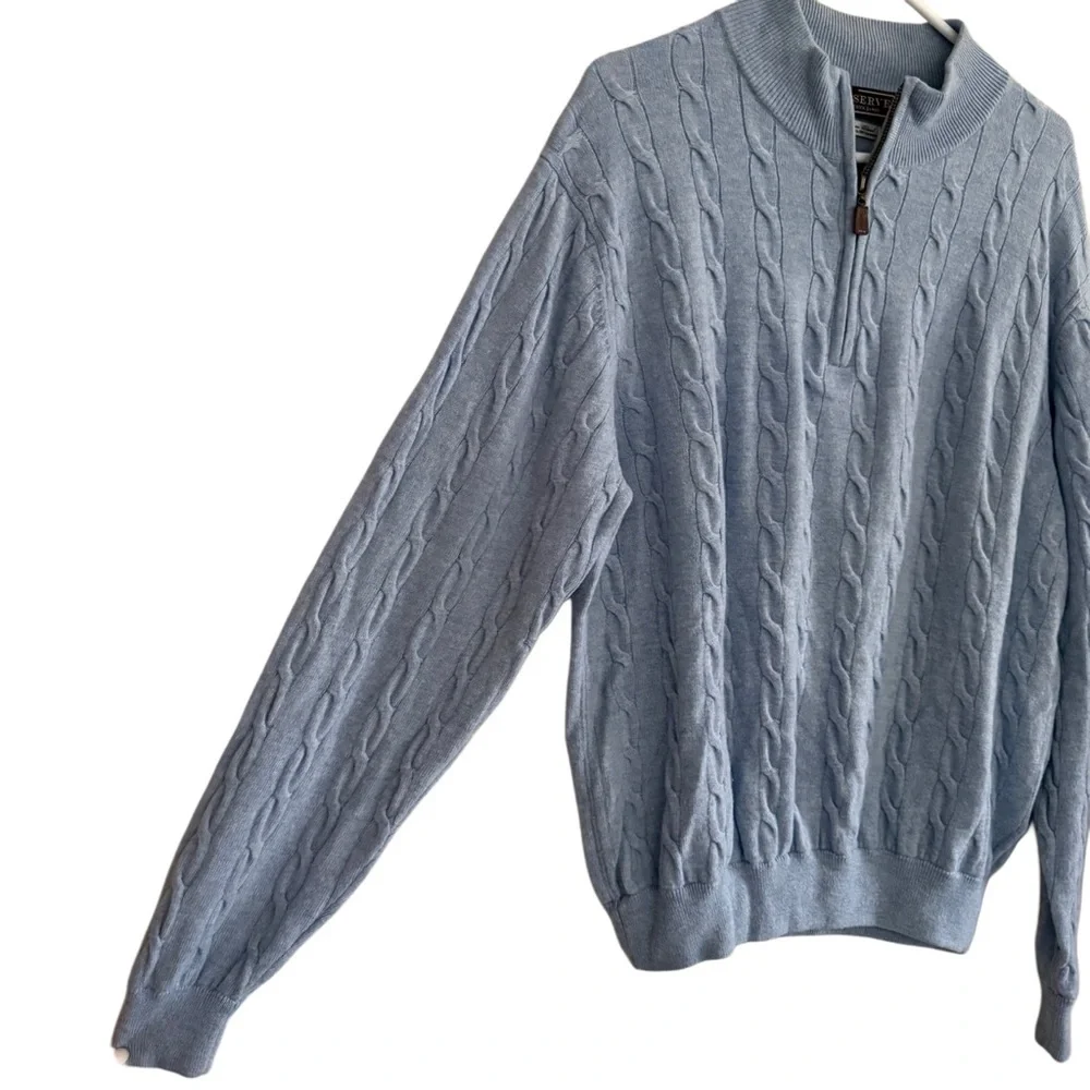 Patrick James Reserve Wool Cashmere Blue Cable Knit Grandpa Quarter Zip Sweater